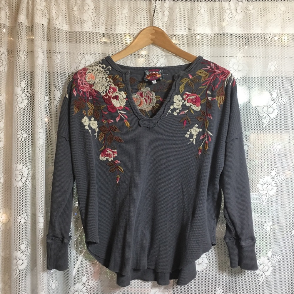 Johnny Was waffle knit top. Heavily embroidered